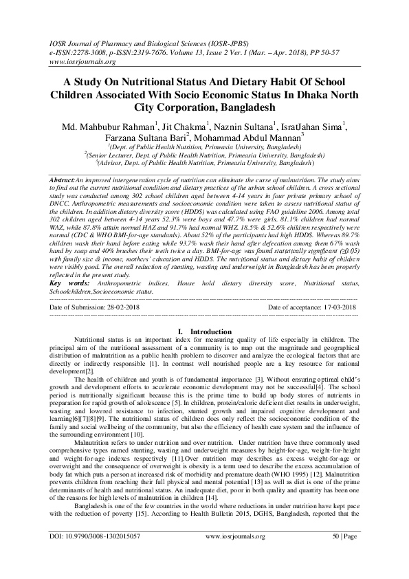 (PDF) A Study On Nutritional Status And Dietary Habit Of School ...