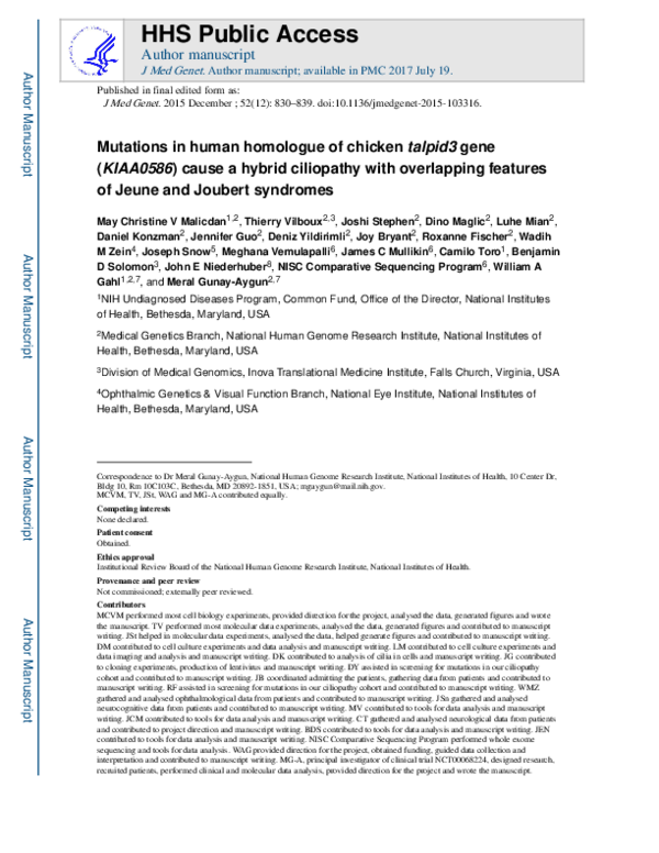 (PDF) Mutations in human homologue of chicken talpid3 gene ( KIAA0586 ...