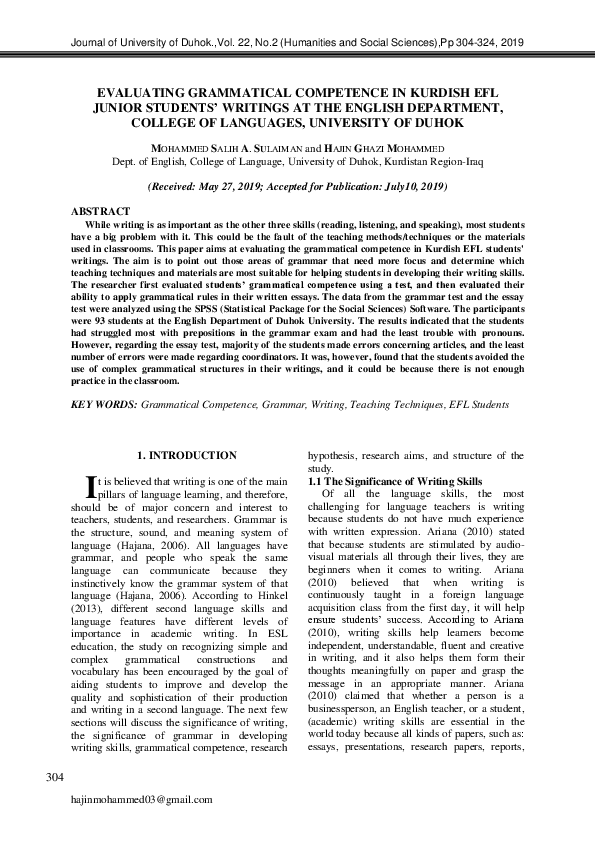 (PDF) Evaluating Grammatical Competence in Kurdish Efl Junior Students ...