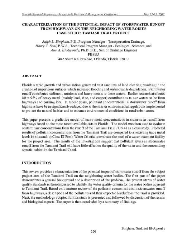 (PDF) Characterization of the Potential Impact of Stormwater Runoff ...