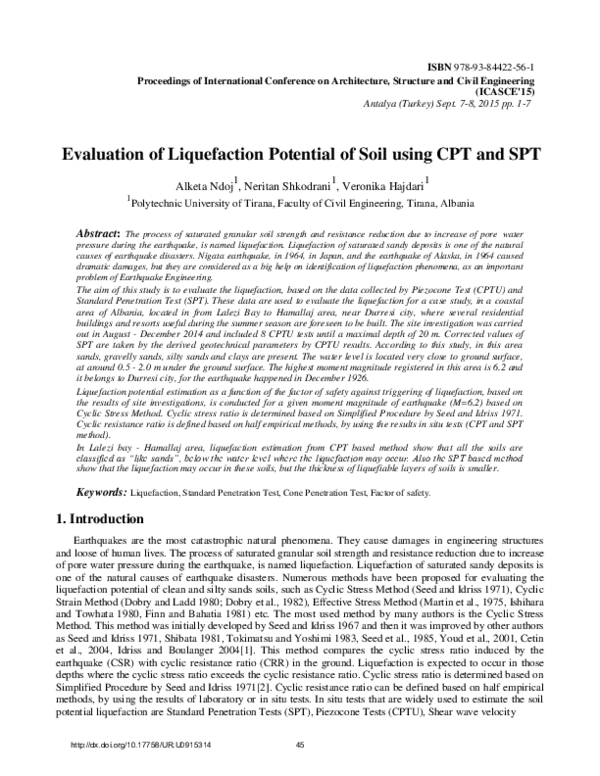 (PDF) Evaluation of Liquefaction Potential of Soil using CPT and SPT