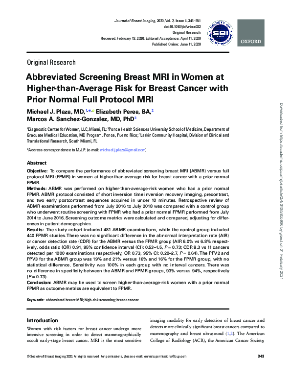 (PDF) Abbreviated Screening Breast MRI in Women at Higher-than-Average ...