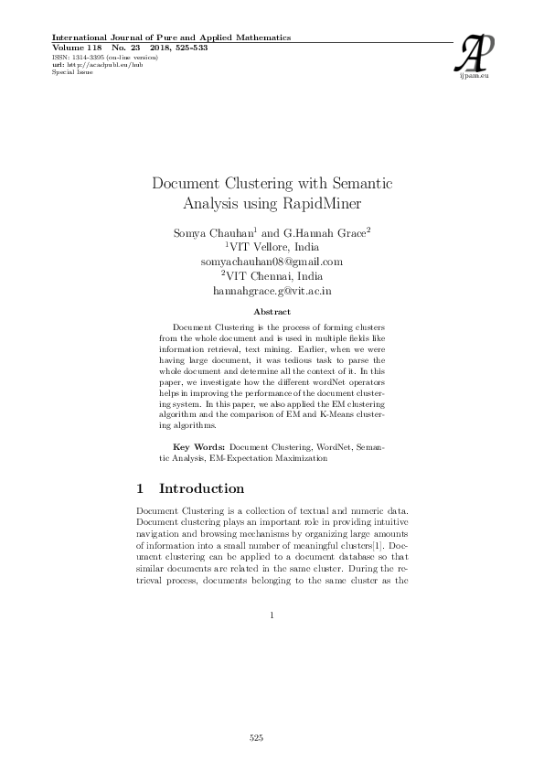 (PDF) Document Clustering with Semantic Analysis using RapidMiner
