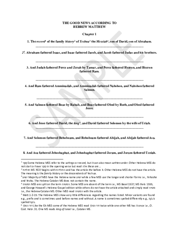 (PDF) Hebrew Matthew Chapters 1 and 2 Sample Updated 2022