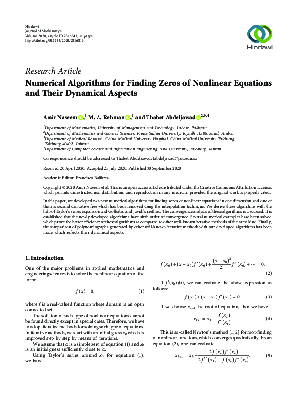 (PDF) Numerical Algorithms for Finding Zeros of Nonlinear Equations and ...