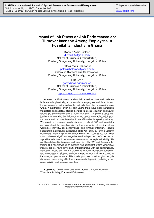 (PDF) Impact of Job Stress on Job Performance and Turnover Intention ...