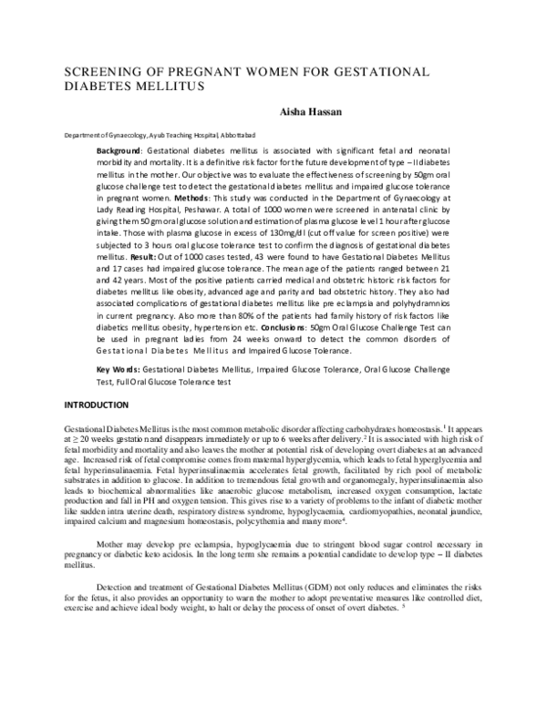(PDF) Screening of pregnant women for gestational diabetes mellitus