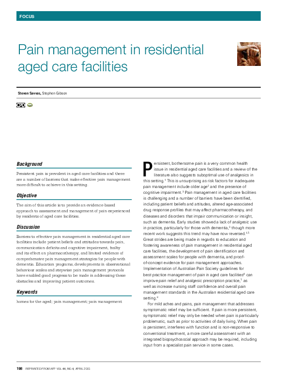 (PDF) Pain management in residential aged care facilities steven savvas Academia.edu