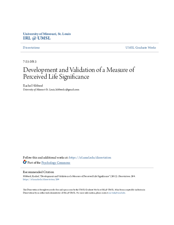 (PDF) Development and Validation of a Measure of Perceived Life ...