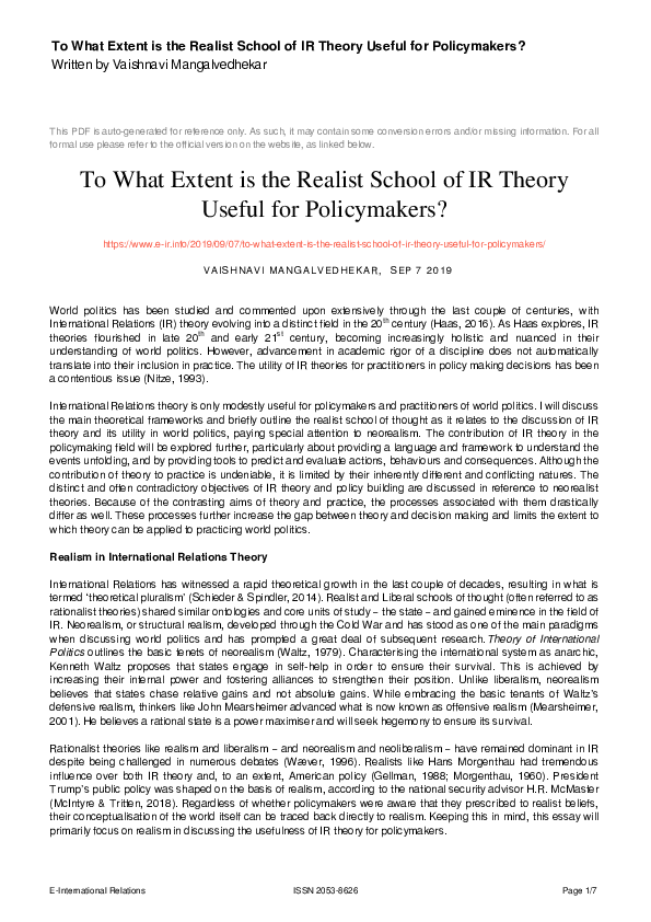 (PDF) To What Extent is the Realist School of IR Theory Useful for ...