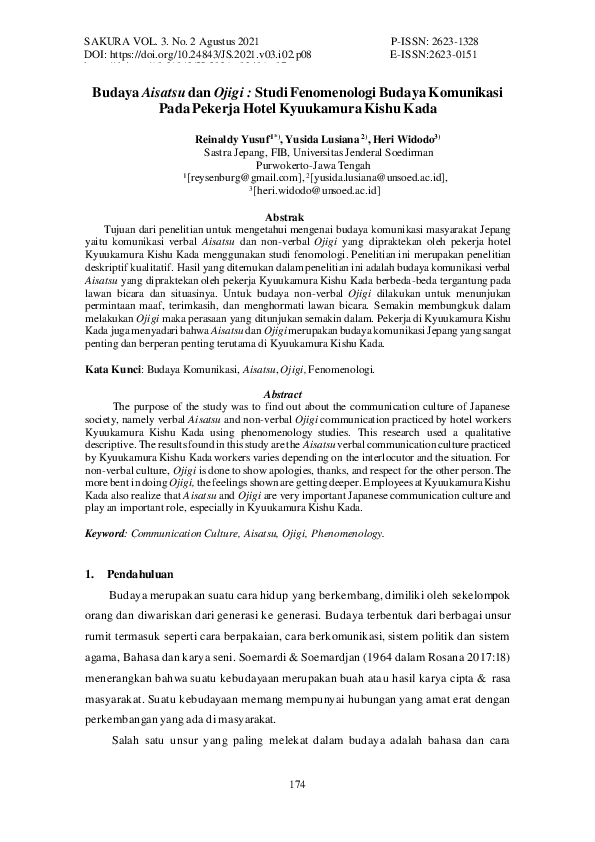 Pdf Jurnal Budaya Aisatsu Dan Ojigi Studi Fenomenologi Budaya