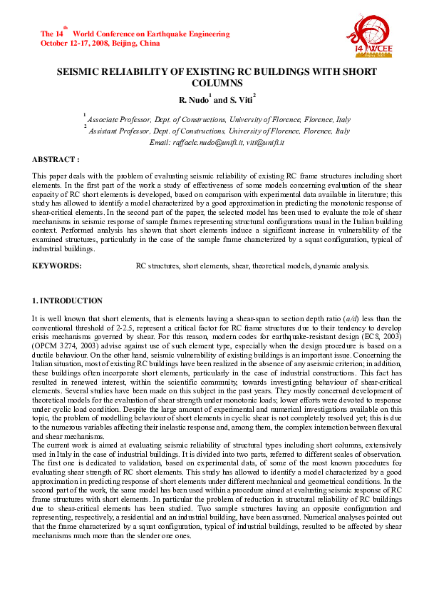 (PDF) Seismic reliability of existing RC buildings with short columns