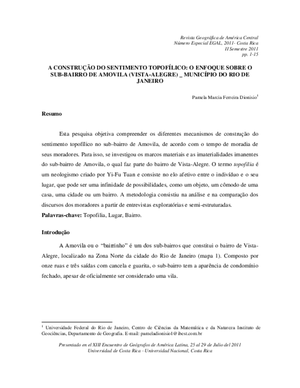 A CONSTRUÇÃO DO SENTIMENTO TOPOFÍLICO: O ENFOQUE SOBRE O SUB-BAIRRO DE AMOVILA (VISTA-ALEGRE) _ MUNICÍPIO DO RIO DE JANEIRO