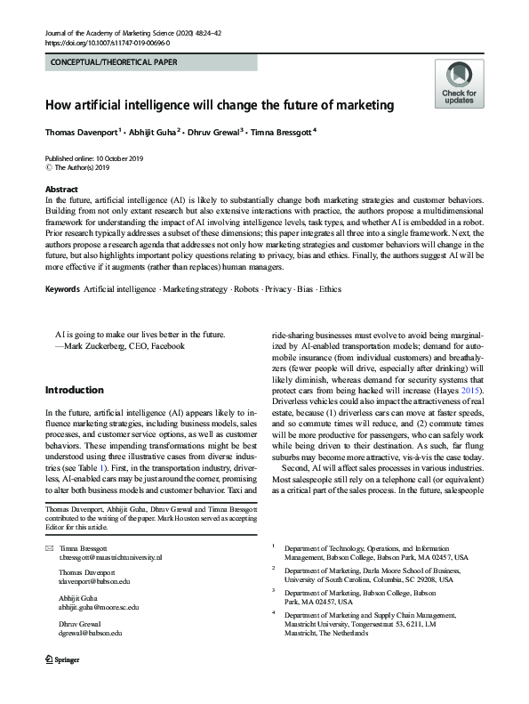 (PDF) How artificial intelligence will change the future of marketing