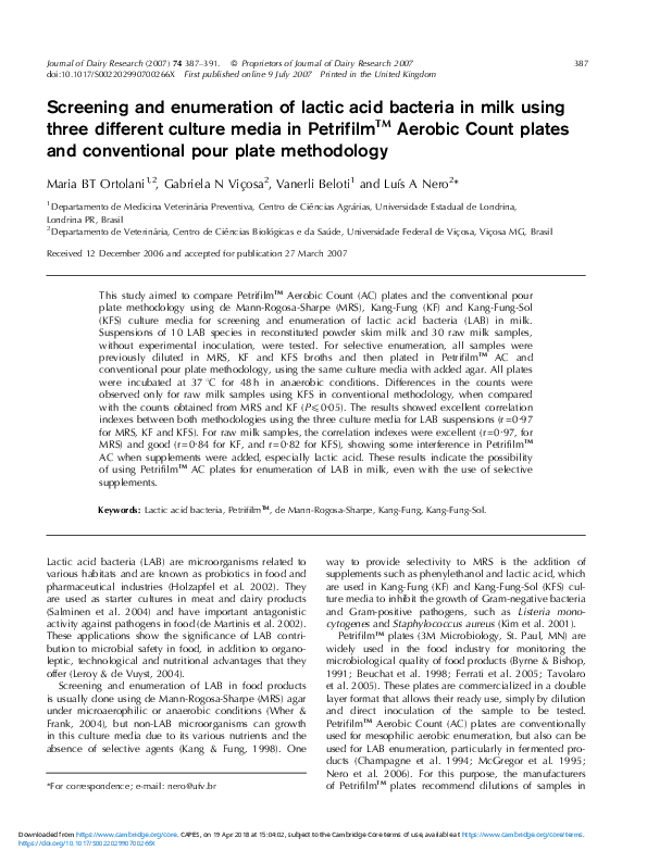 (PDF) Screening and enumeration of lactic acid bacteria in milk using