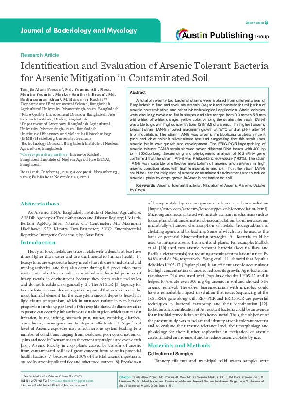 (PDF) Identification and Evaluation of Arsenic Tolerant Bacteria for ...