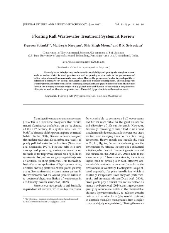 (PDF) Floating Raft Wastewater Treatment System: A Review
