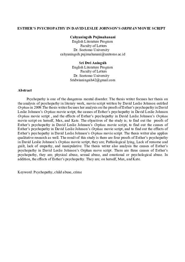 (PDF) Esther’s Psychopathy in David Leslie Johnson’s Orphan Movie Script