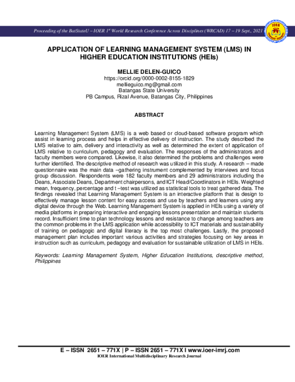(PDF) APPLICATION OF LEARNING MANAGEMENT SYSTEM (LMS) IN HIGHER ...