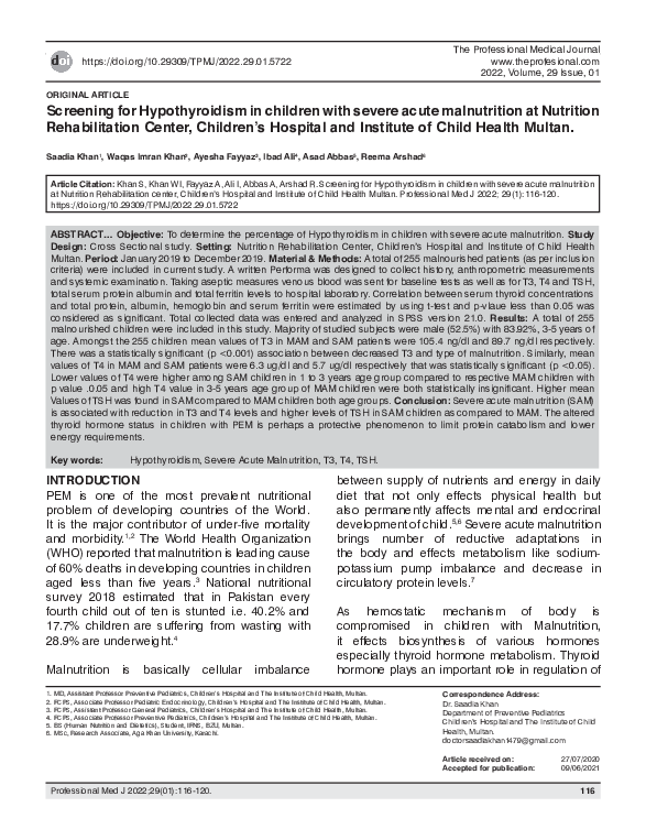 (PDF) Screening for Hypothyroidism in children with severe acute ...