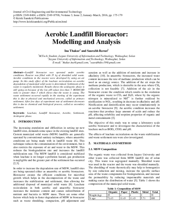 (PDF) Aerobic Landfill Bioreactor: Modelling and Analysis