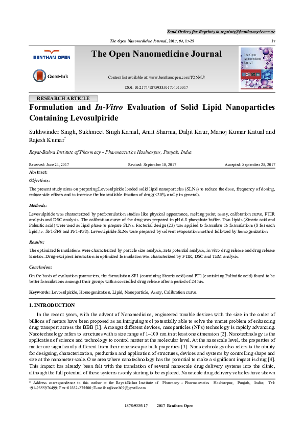 (PDF) Formulation and Evaluation of Solid Lipid Nanoparticles ...