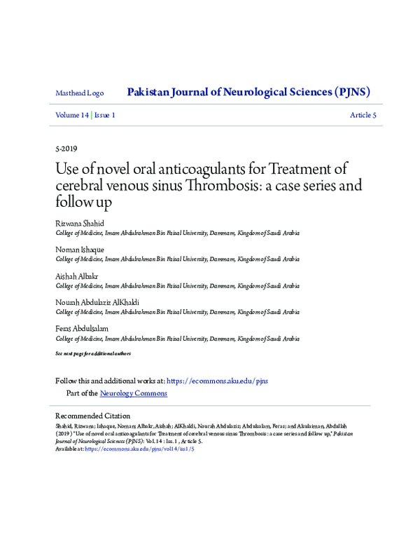 (PDF) Use of novel oral anticoagulants for Treatment of cerebral venous ...
