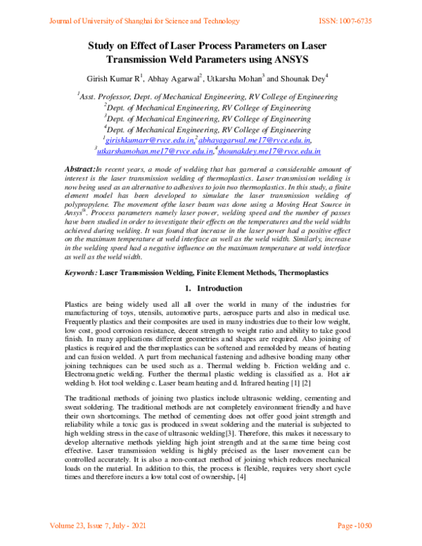 (PDF) Study on Effect of Laser Process Parameters on Laser Transmission ...