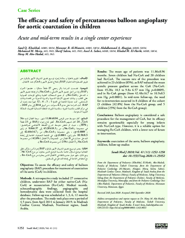 (PDF) The efficacy and safety of percutaneous balloon angioplasty for ...