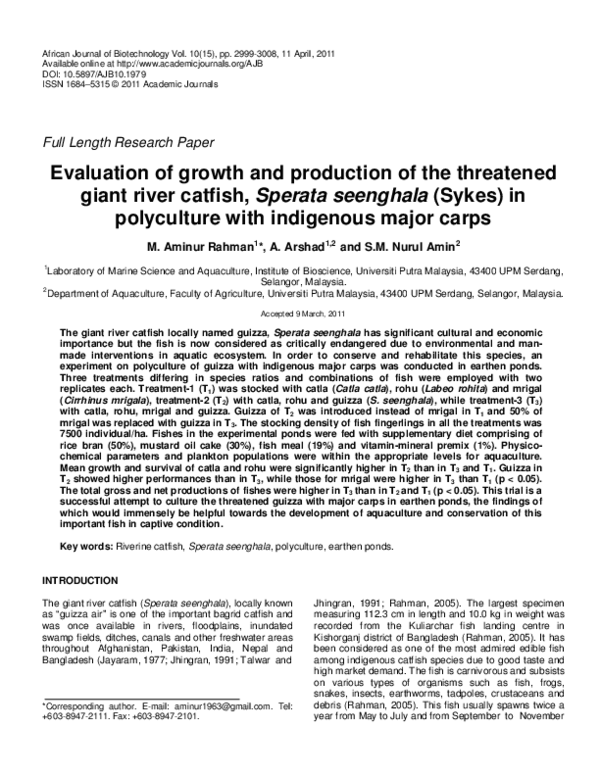 (PDF) Evaluation of Growth and Production of the Threatened Giant River ...