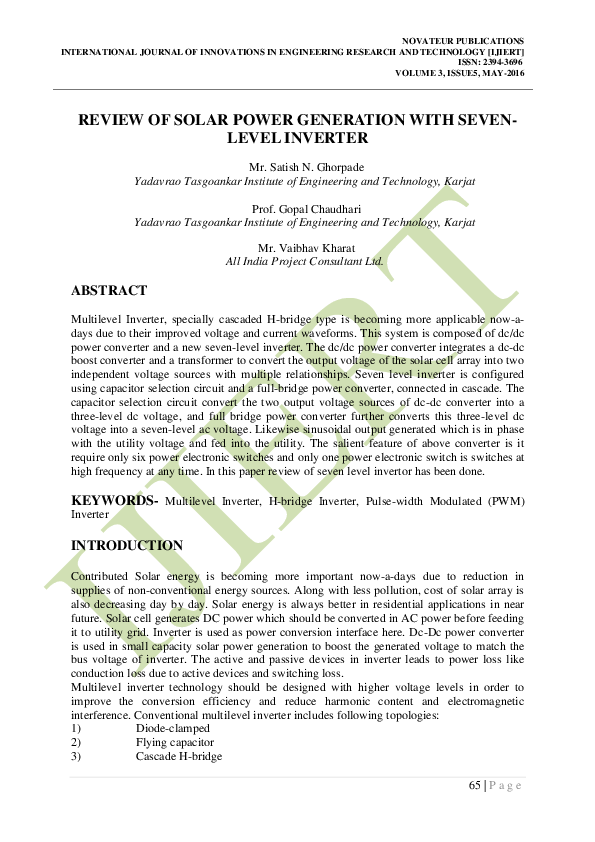(PDF) Review of Solar Power Generation with Seven- Level Inverter