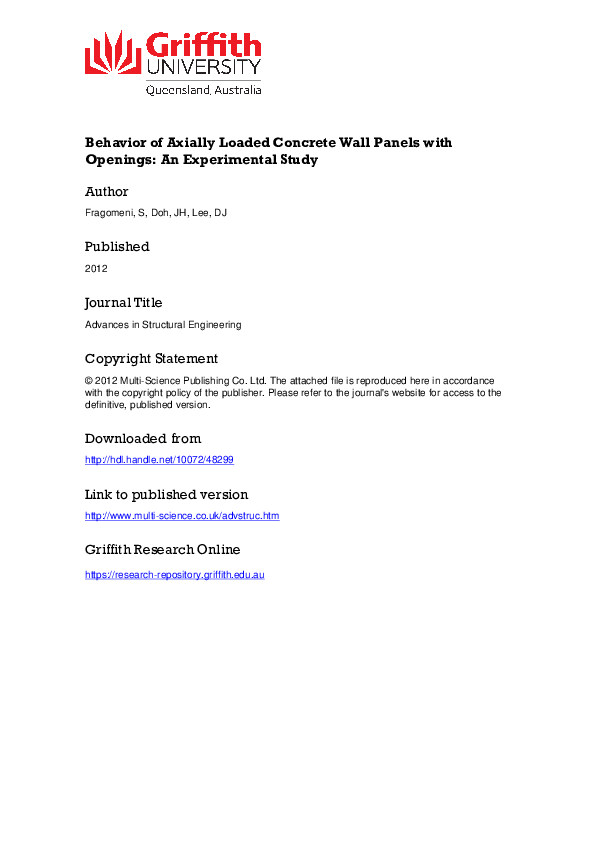 (PDF) Behavior of Axially Loaded Concrete Wall Panels with Openings: An ...