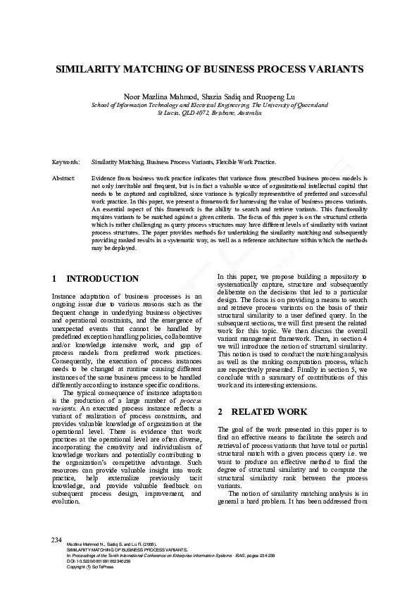 (PDF) Similarity Matching of Business Process Variants