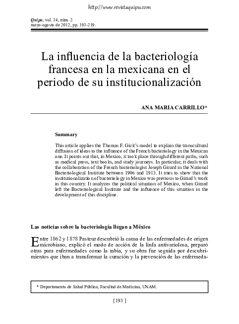  PDF La Influencia De La Bacteriolog a Francesa En La Mexicana En El 