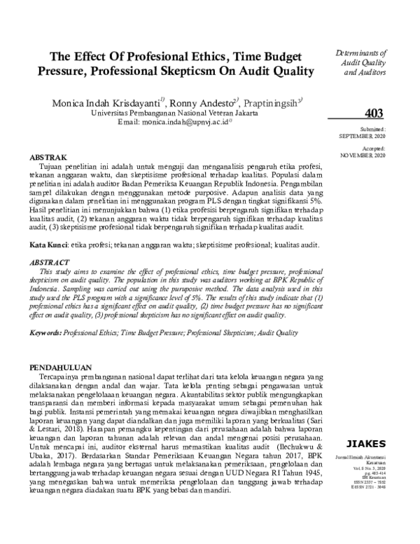 (PDF) The Effect Of Profesional Ethics, Time Budget Pressure ...
