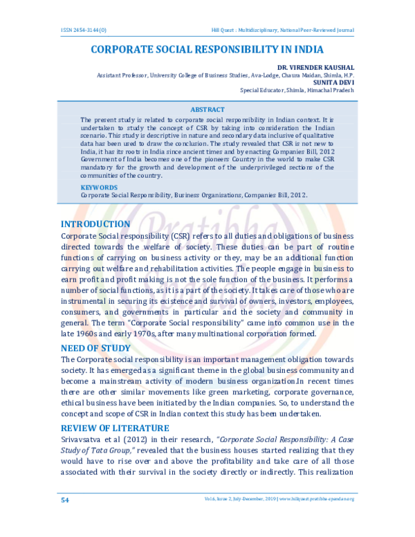 (PDF) CORPORATE SOCIAL RESPONSIBILITY IN INDIA