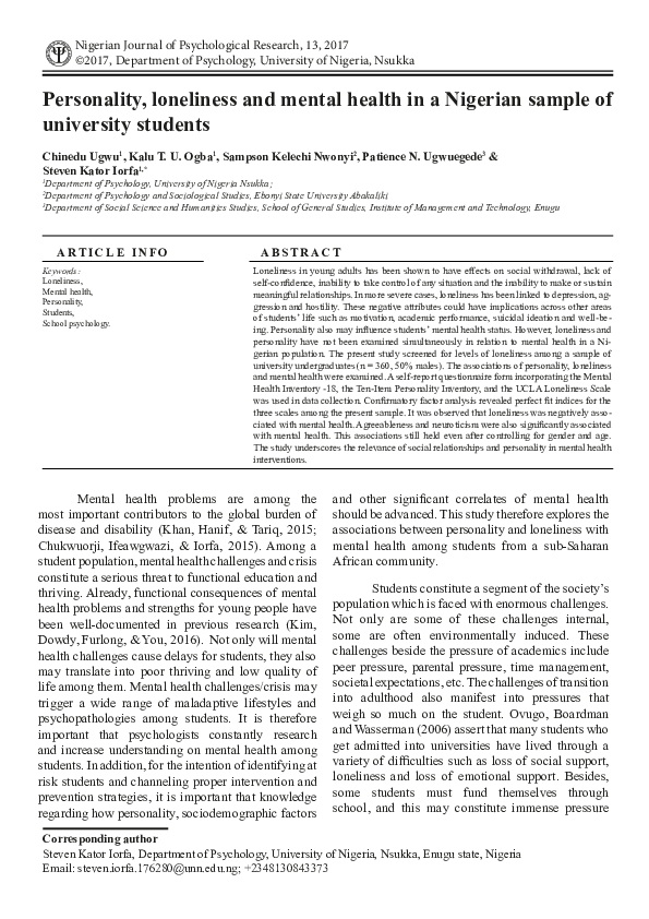 (PDF) Personality, loneliness and mental health in a Nigerian sample of ...
