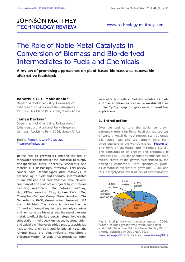 (PDF) The Role of Noble Metal Catalysts in Conversion of Biomass and ...
