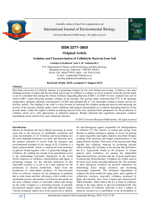 (PDF) Isolation and Characterization of Cellulolytic Bacteria from Soil