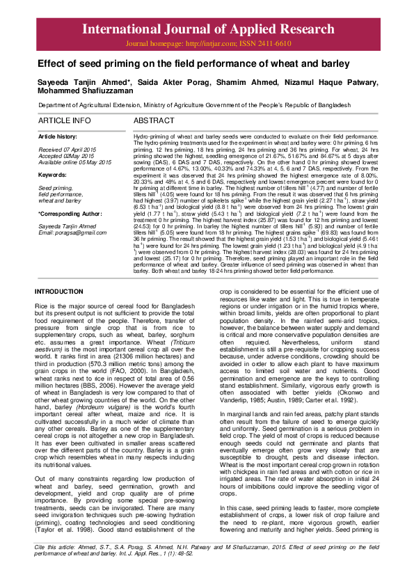 (PDF) Effect of seed priming on the field performance of wheat and barley