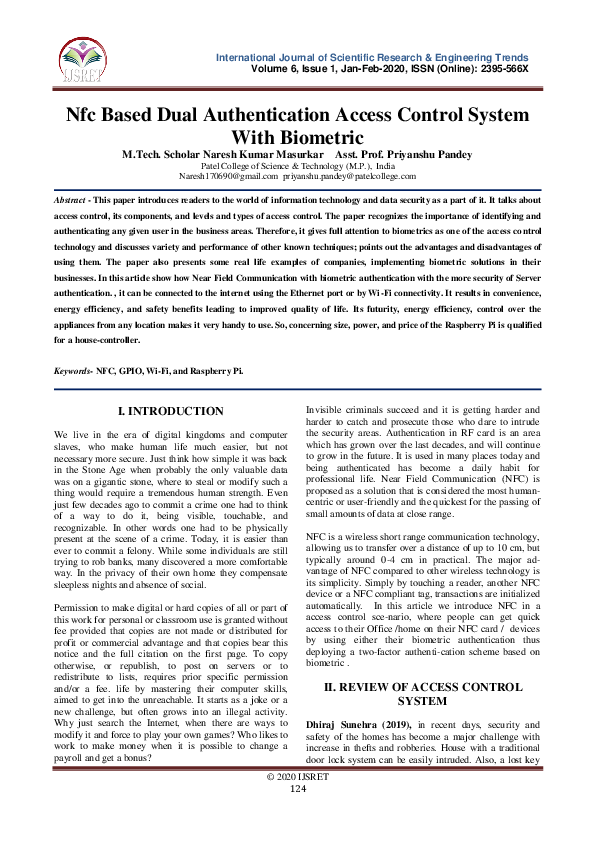 (PDF) Nfc Based Dual Authentication Access Control System With Biometric