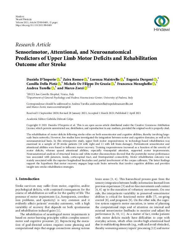 (PDF) Predictors of Upper Limb Motor Deficits and Rehabilitation ...