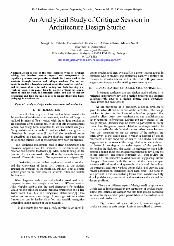 (PDF) An analytical study of critique session in architecture design studio