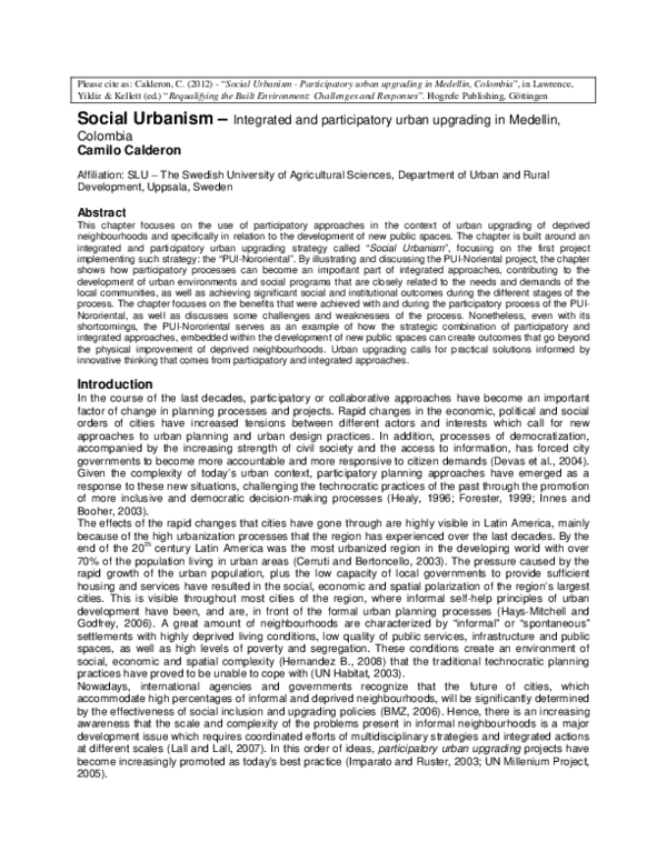 (PDF) Social Urbanism – Integrated and participatory urban upgrading in ...