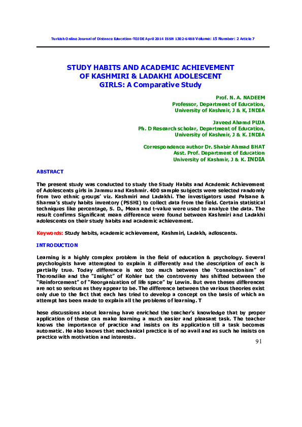 (PDF) Study Habits And Academic Achievement Of Kashmiri & Ladakhi ...