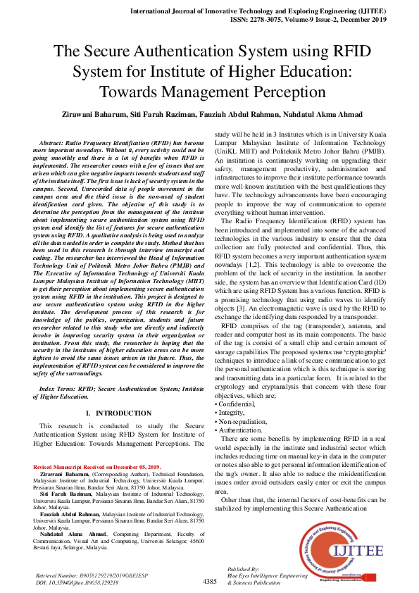 (PDF) The Secure Authentication System using RFID System for Institute ...