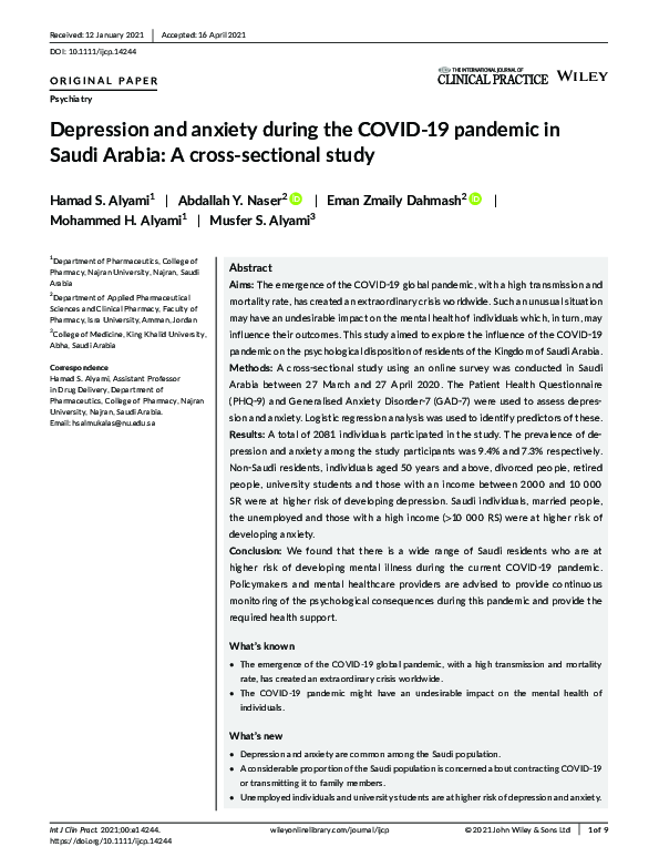 (PDF) Depression and anxiety during the COVID-19 pandemic in Saudi ...