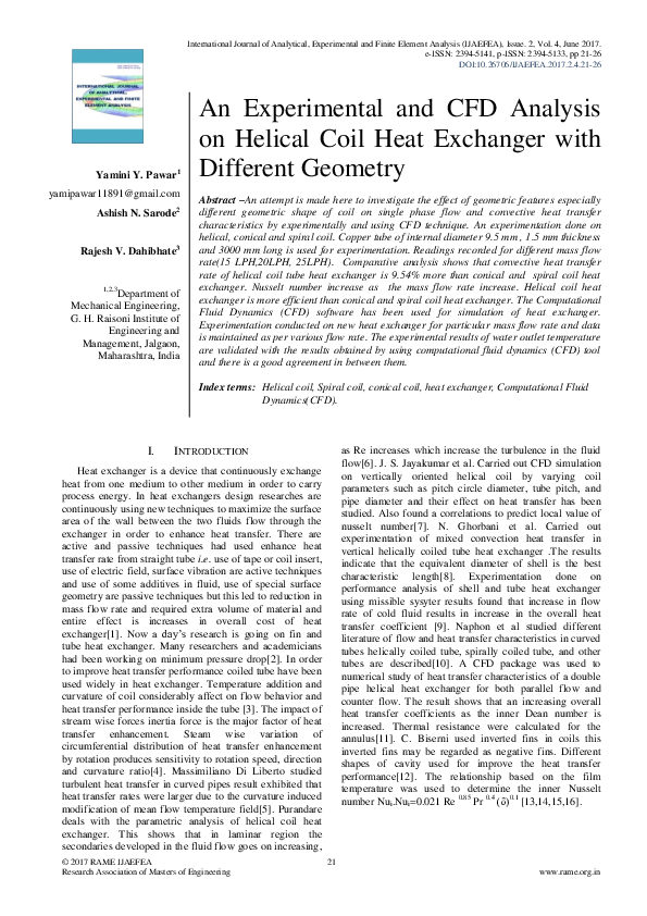 (PDF) An Experimental and CFD Analysis on Helical Coil Heat Exchanger ...