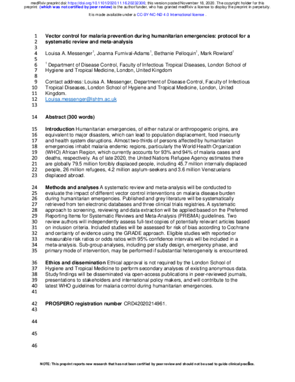 (PDF) Vector control for malaria prevention during humanitarian ...