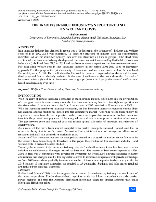 (PDF) The Iran Insurance Industry ' S Structure and Its Welfare Costs